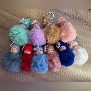 Choose 1-Plush Baby Doll Pom Bag Charms - Assorted Colors